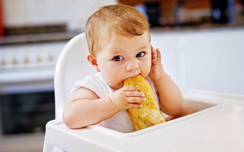 Un bebé, comiendo un trozo de pan